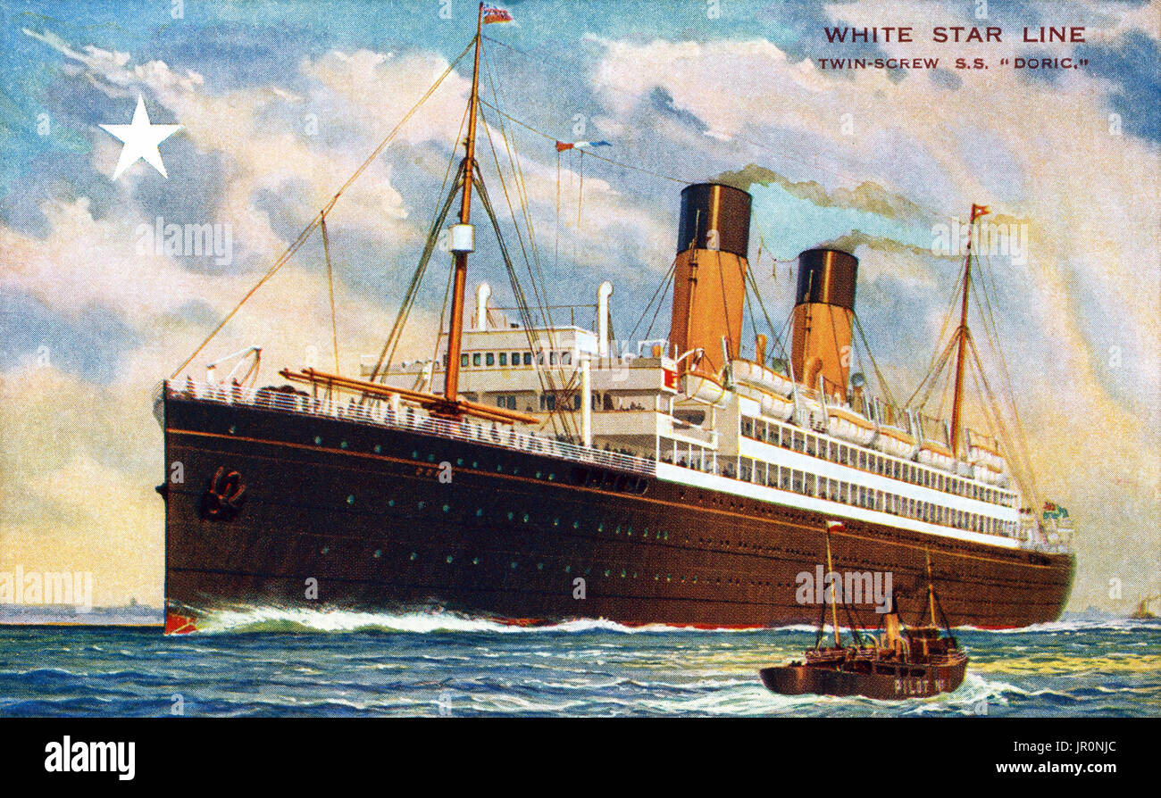 Vintage postcard of the White Star Line steamship S.S. Doric. The SS Doric's maiden voyage was in 1923. Scrapped in 1935 after a collision with another ship. Stock Photo