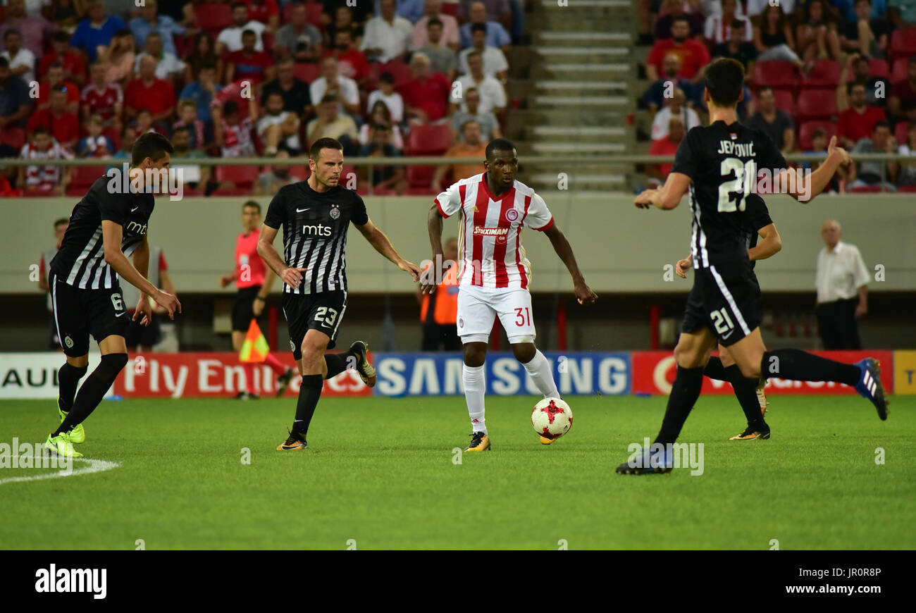 Piraeus, Greece. 02nd Aug, 2017. El Fardou Ben Nabouhane (no 31) of  Olympiacos tries to pass the ball while he is surrounded by players of  Partizan. Credit: Dimitrios Karvountzis/Pacific Press/Alamy Live News