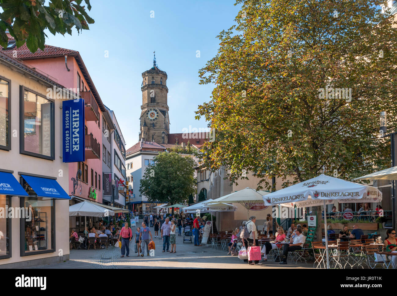 Shops and bars on Sporerplatz, looking towards Stiftskirche, Stuttgart, Baden-Wurttemberg, Germany Stock Photo