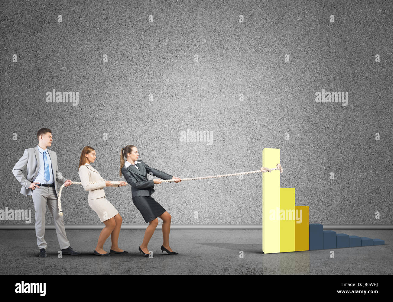 Businessteam working in collaboration pulling graph with rope as symbol ...