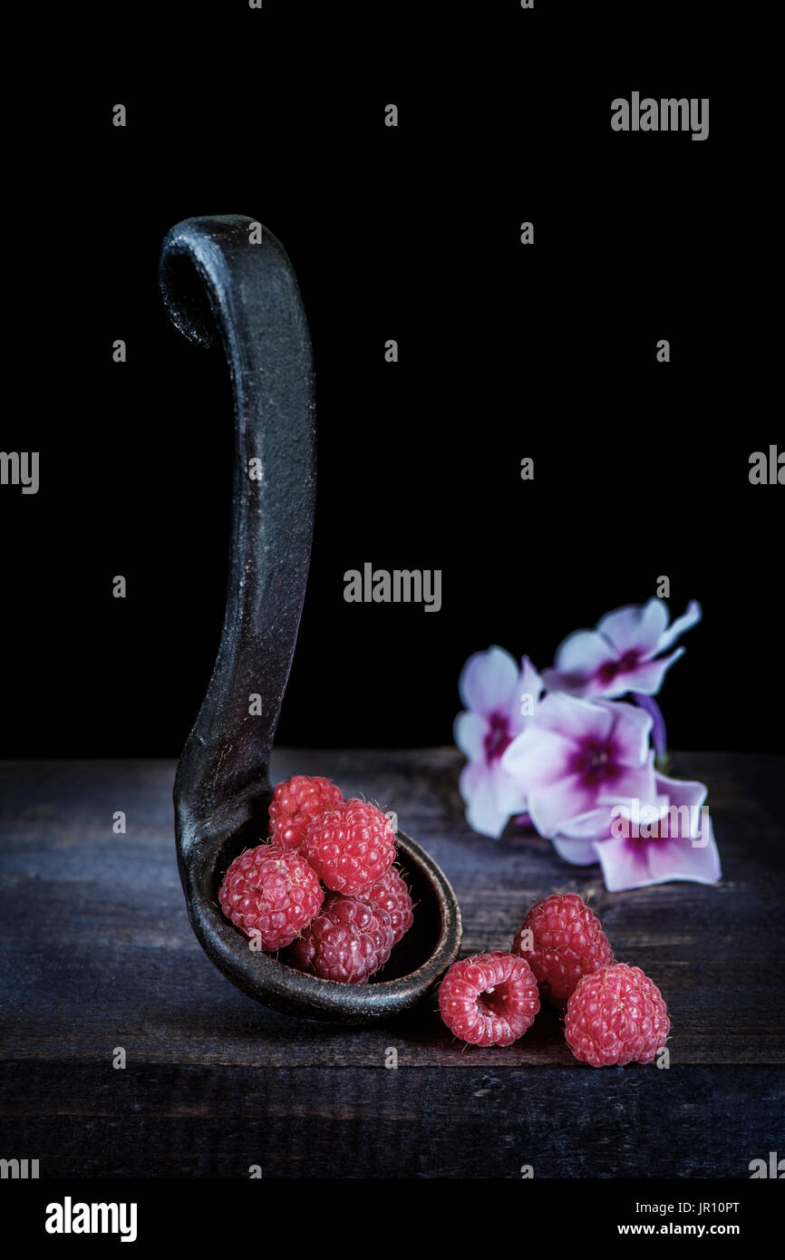 Ripe raspberries in a bowl made of clay with the colors of the Phlox on ...