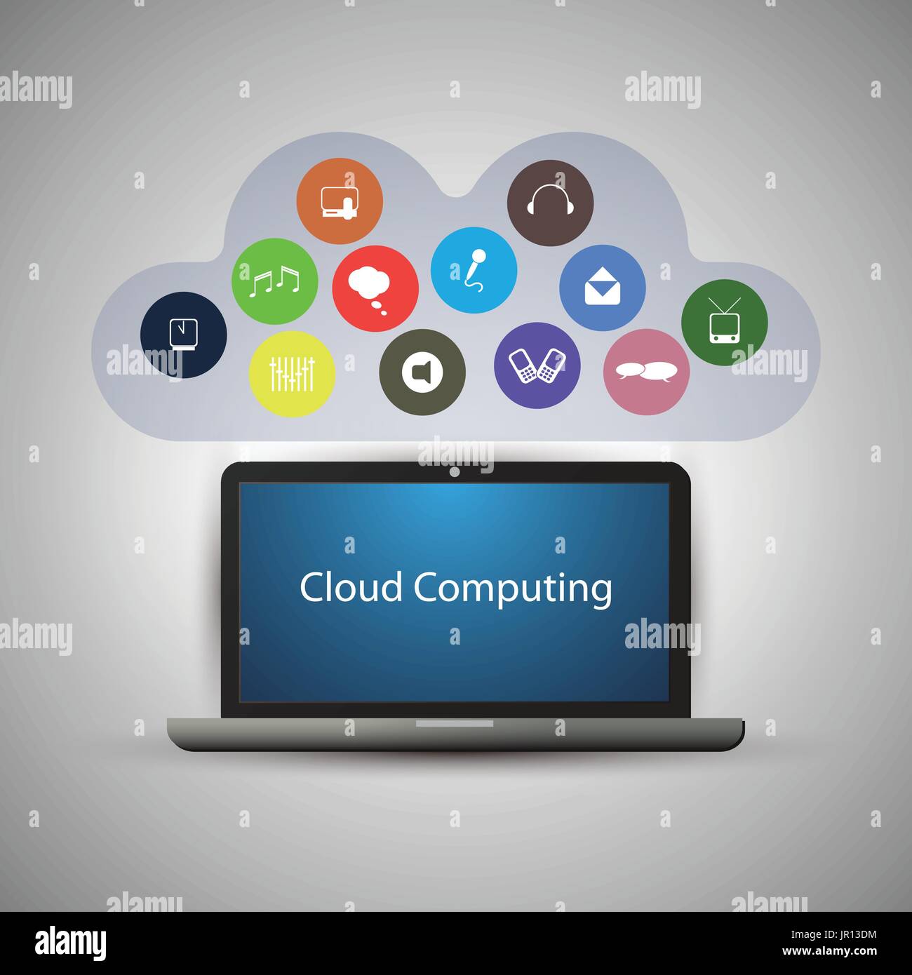 Everything Connected to the Cloud - Grey Cloud Computing Concept Design with Laptop and Colorful Icons - Illustration in Editable Vector Format Stock Vector