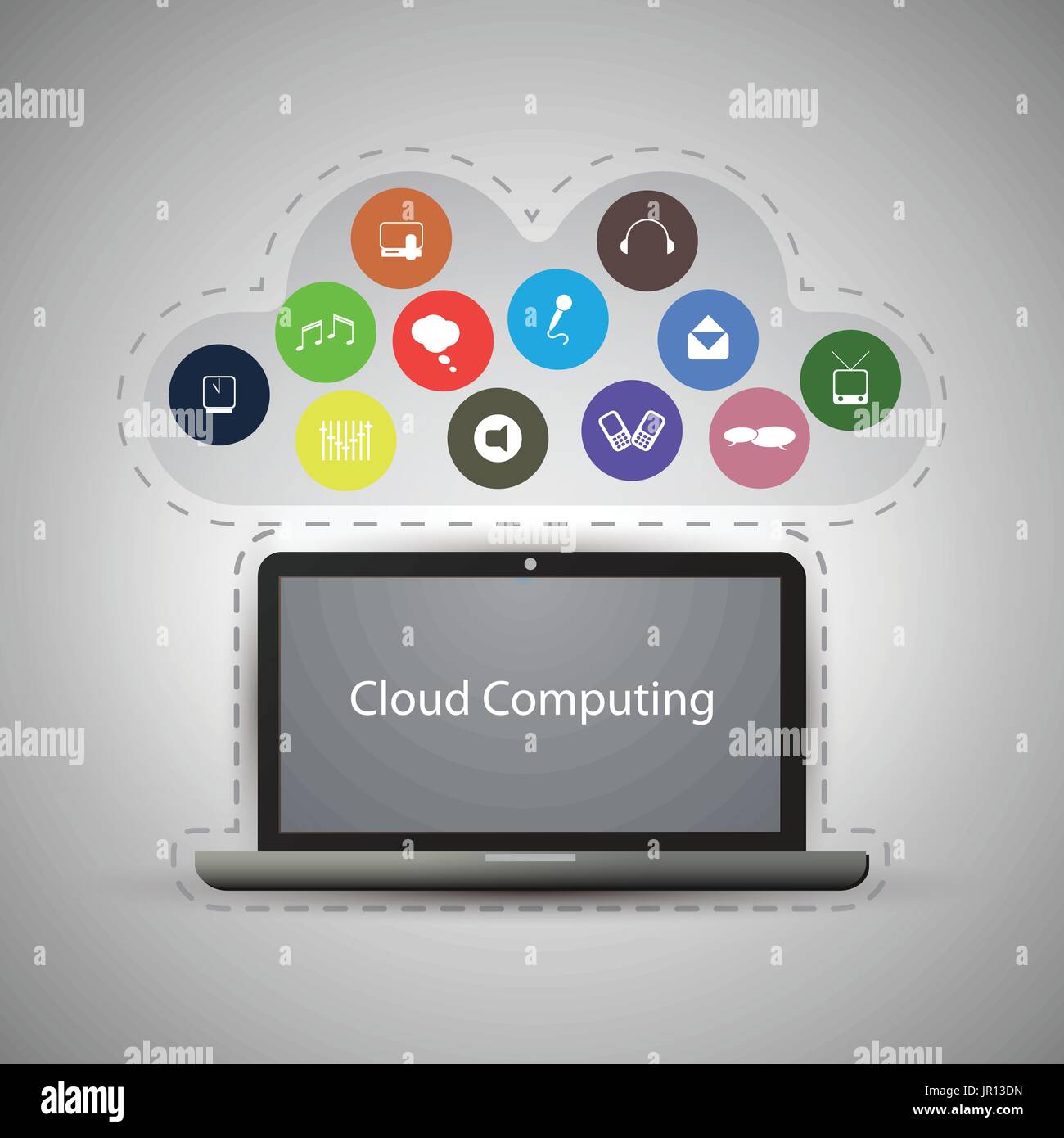 Everything Connected to the Cloud - Grey Cloud Computing Concept Design with Laptop and Colorful Icons - Illustration in Editable Vector Format Stock Vector