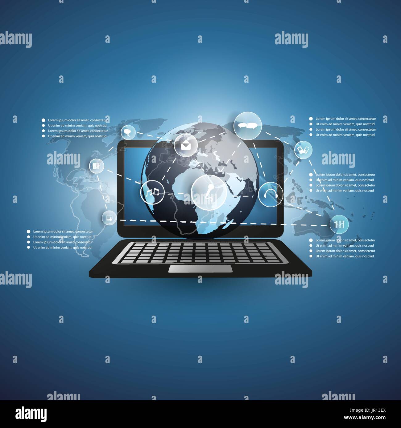 Blue Abstract Illustration, Cloud Computing Concept Design with World Map, Earth Globe, Laptop PC, Icons Representing Different Digital Data Storage Stock Vector