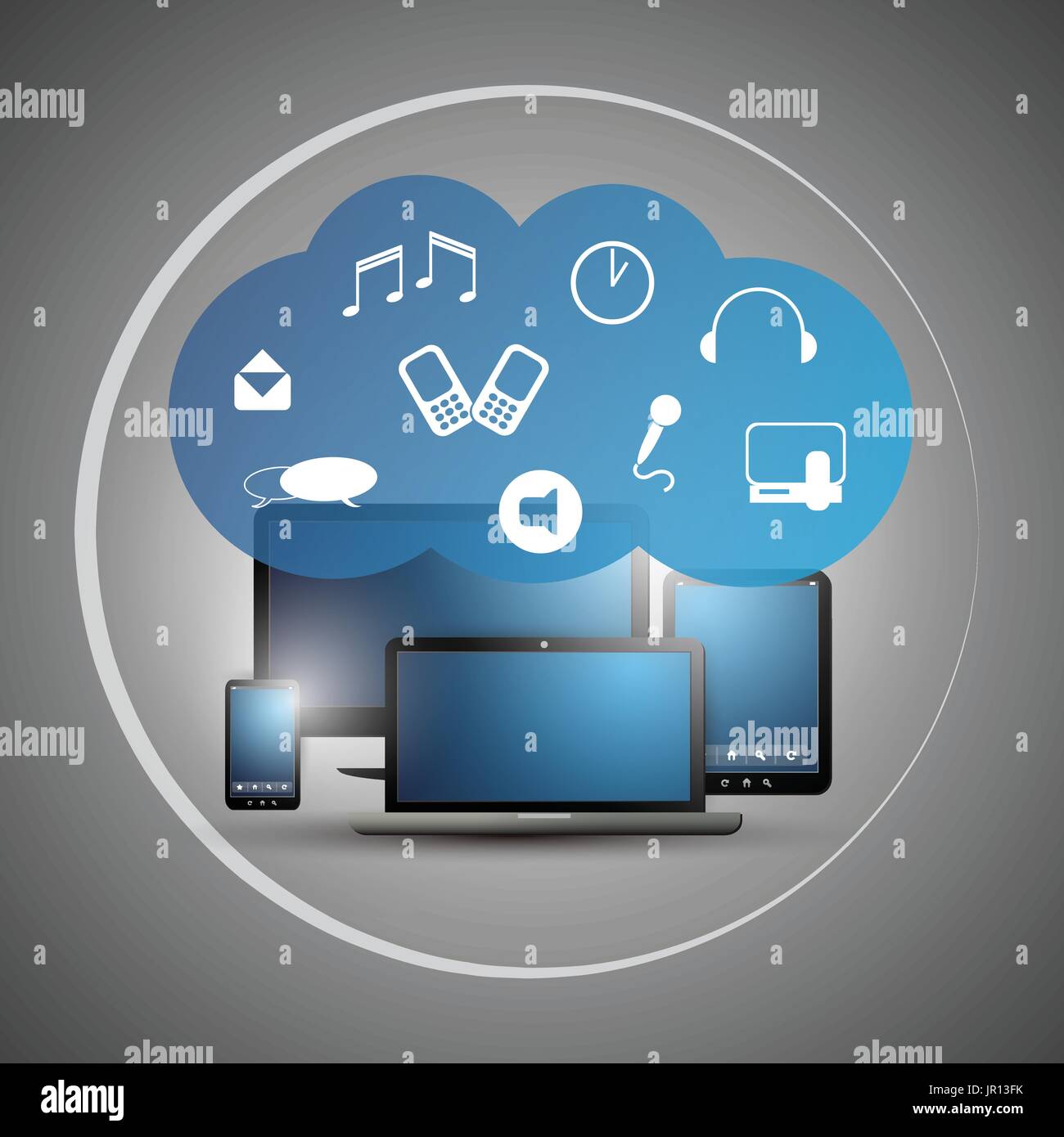 Abstract Colorful Cloud Computing Concept Design with Mobile Devices, Laptop PC and Connected Icons Representing Different Kinds of Digital Data Stock Vector