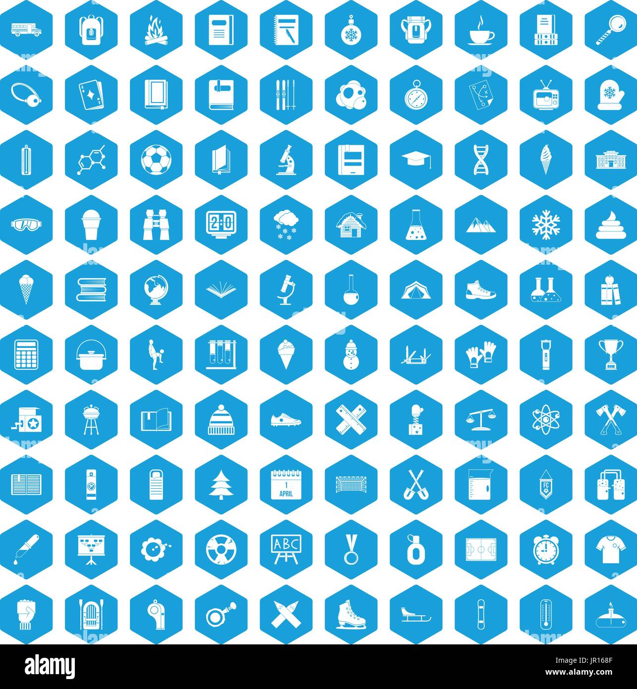 100 school years icons set blue Stock Vector