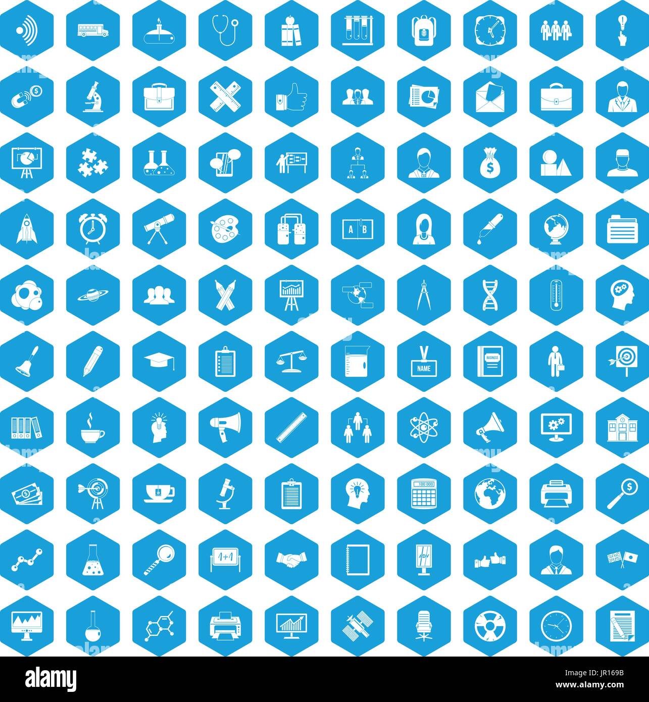 100 seminar icons set blue Stock Vector