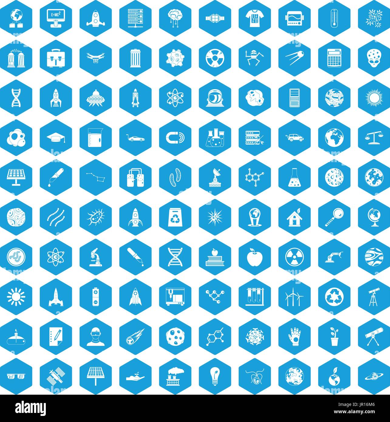 100 space technology icons set blue Stock Vector