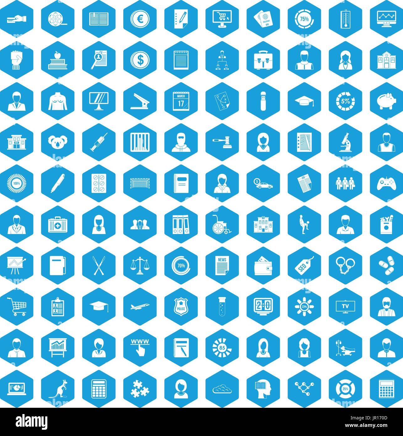 100 statistic data icons set blue Stock Vector