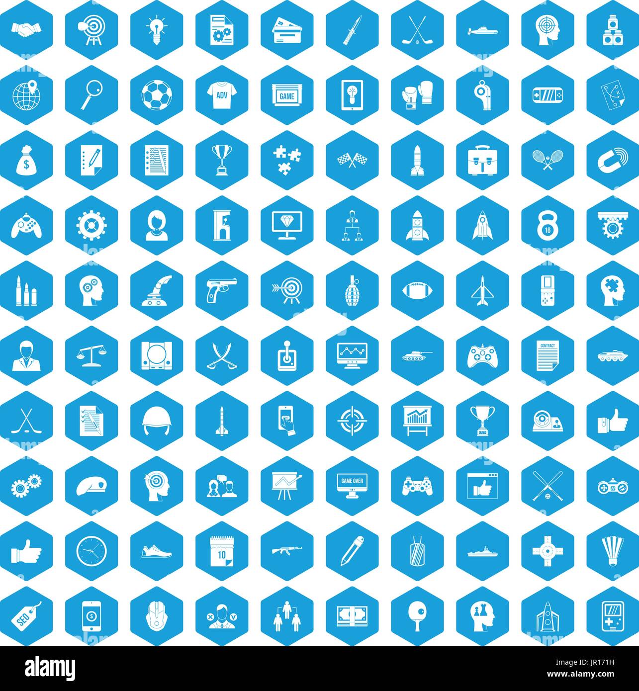 100 strategy icons set blue Stock Vector