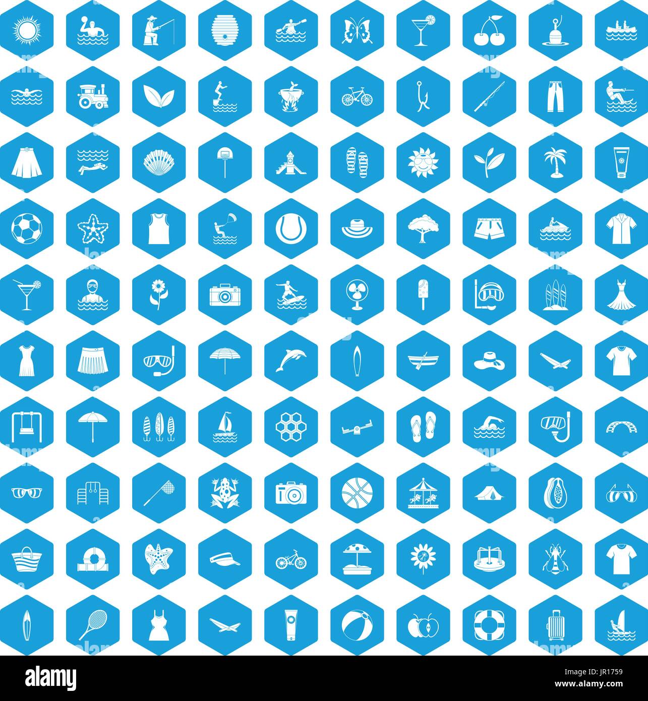 100 summer icons set blue Stock Vector