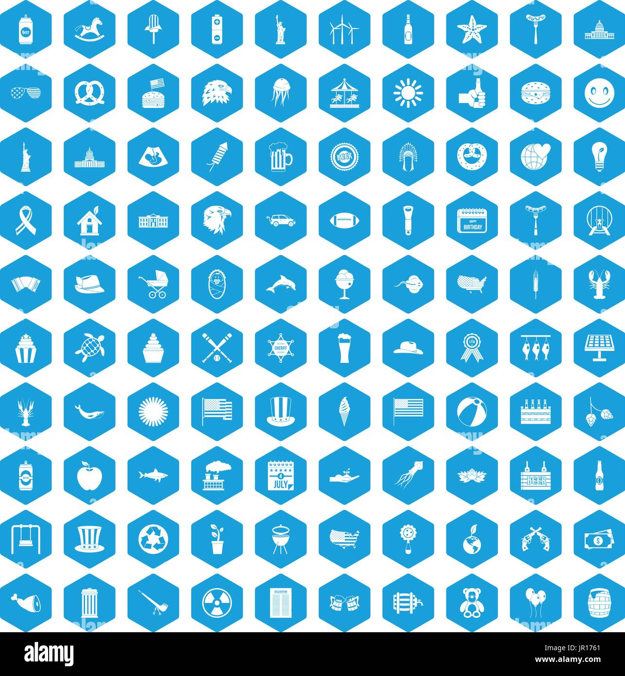 100 summer holidays icons set blue Stock Vector