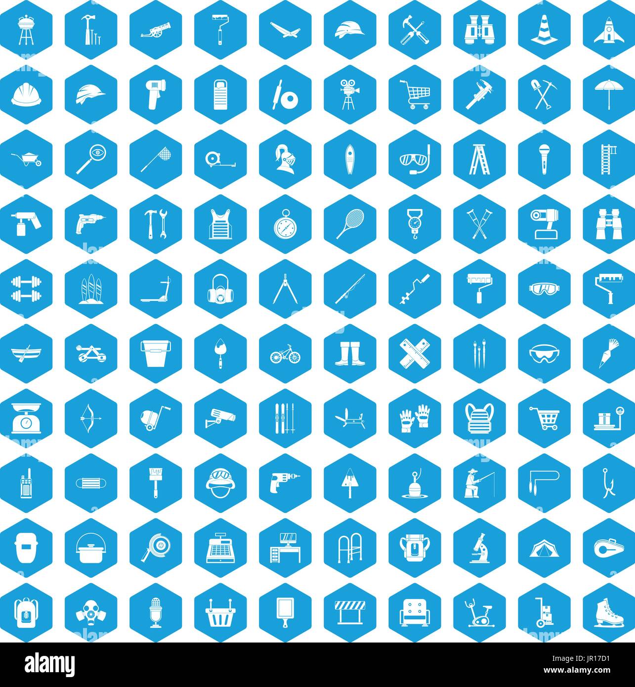 100 tackle icons set blue Stock Vector