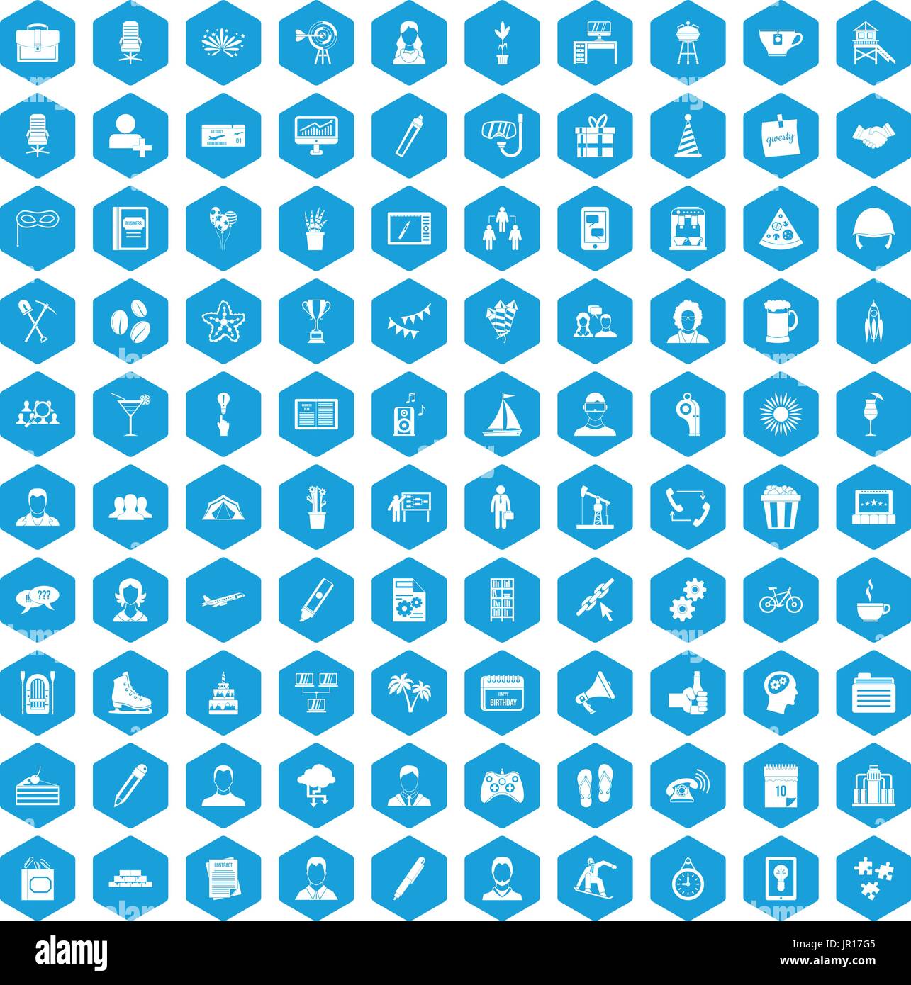 100 team building icons set blue Stock Vector