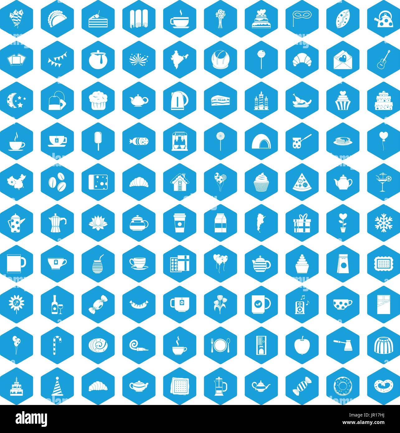 100 tea party icons set blue Stock Vector