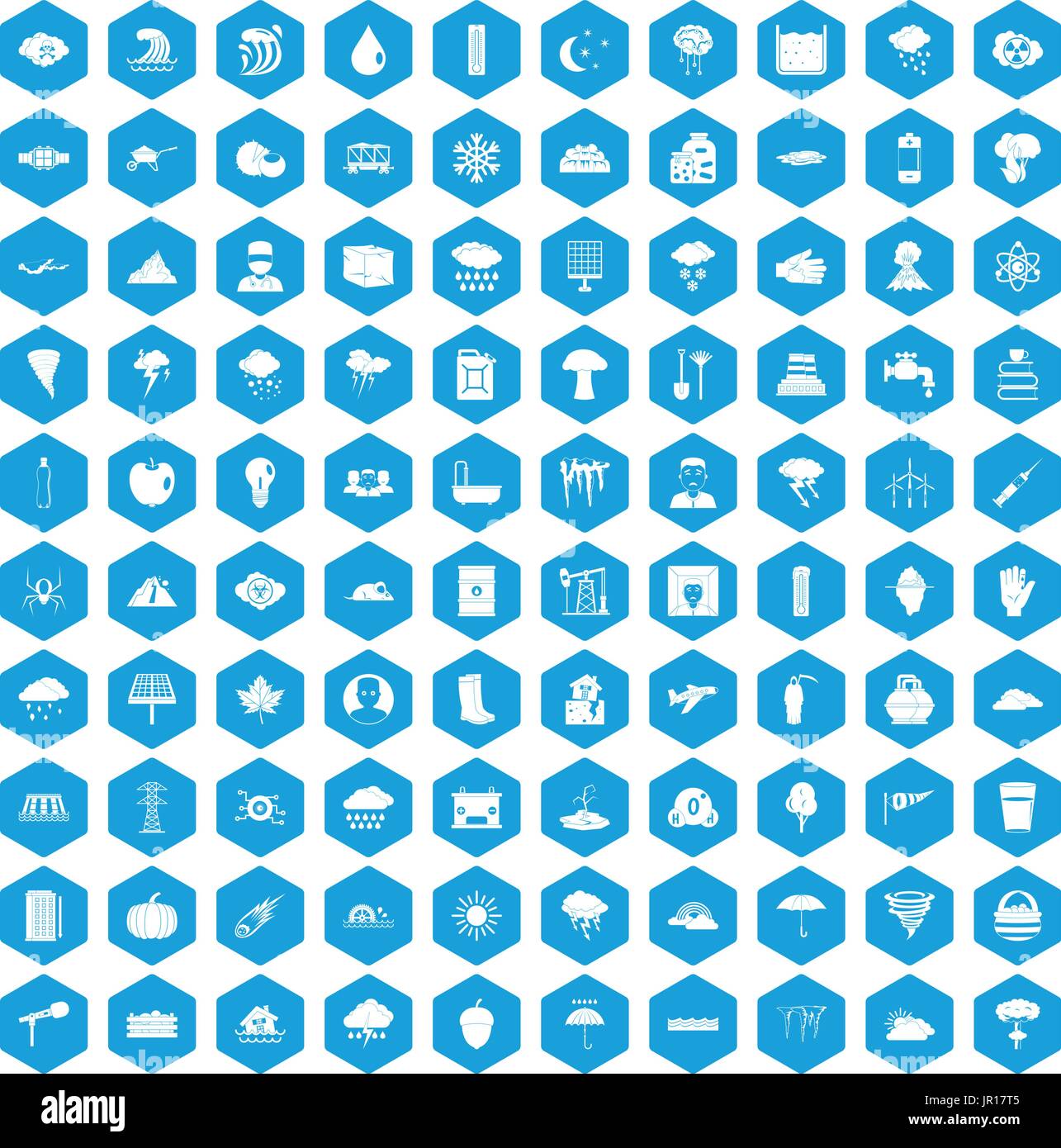 100 thunderstorm icons set blue Stock Vector