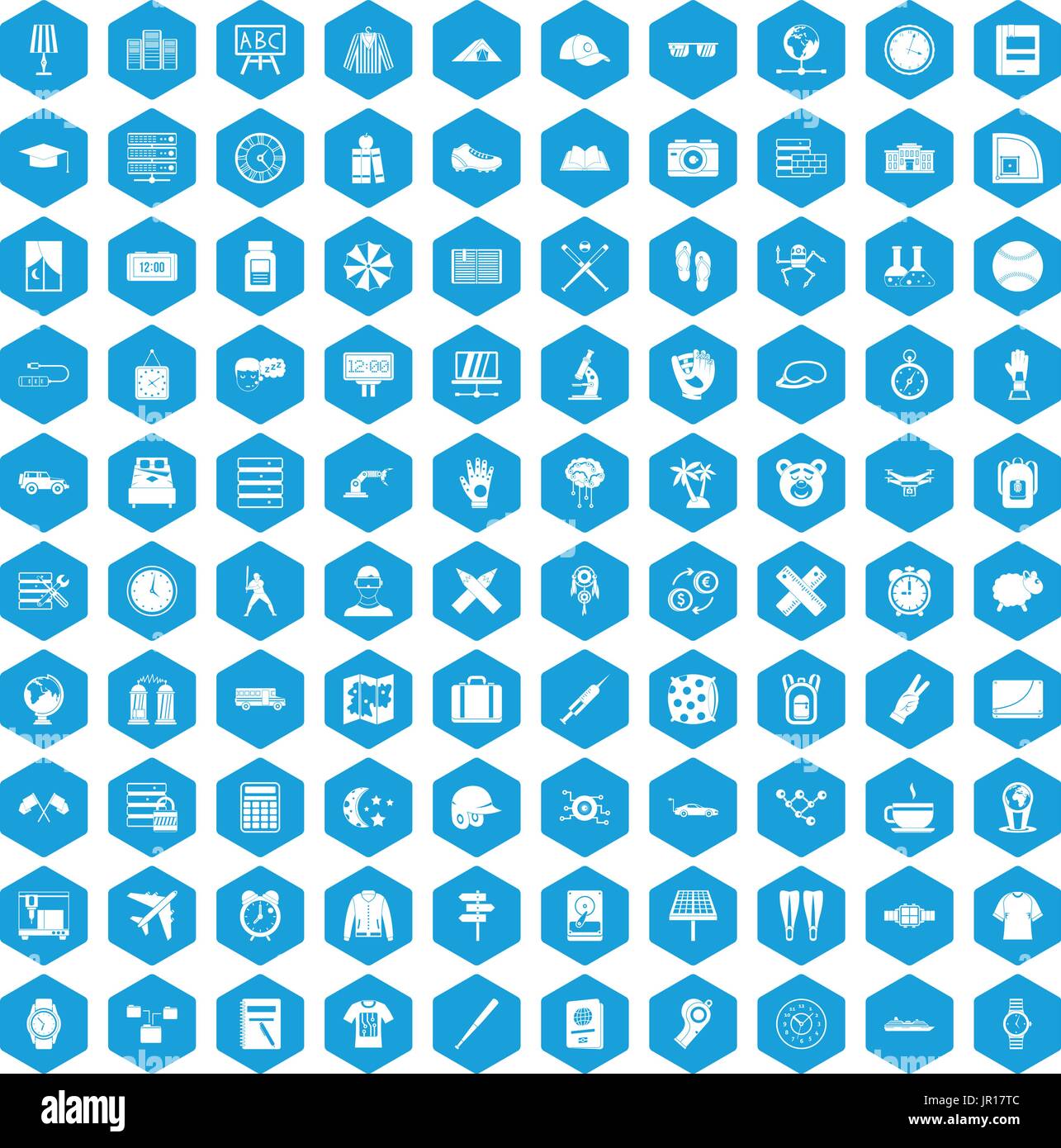 100 time icons set blue Stock Vector