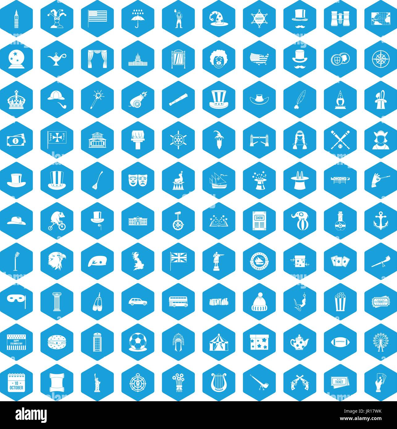 100 top hat icons set blue Stock Vector