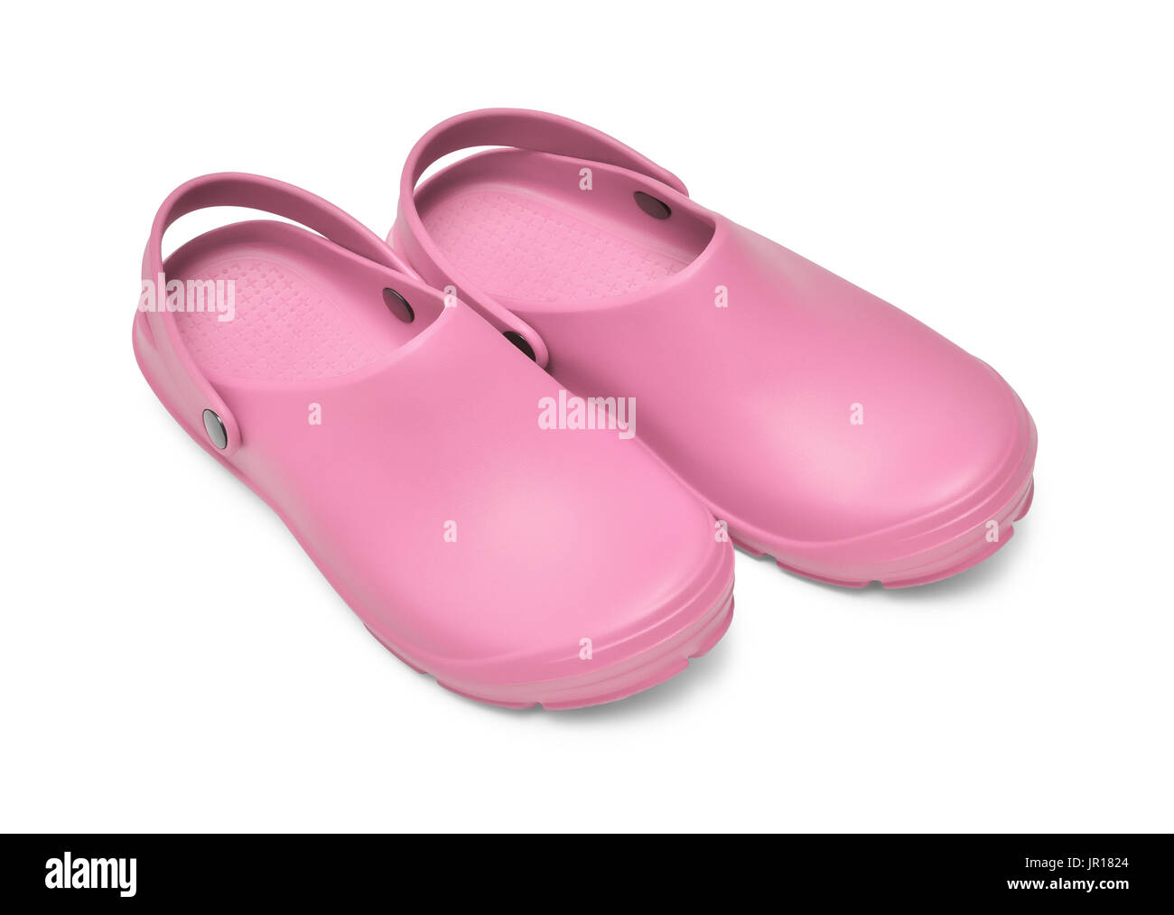 Crocs shoes. A pair of pink clogs isolated on white background w/ path Stock Photo