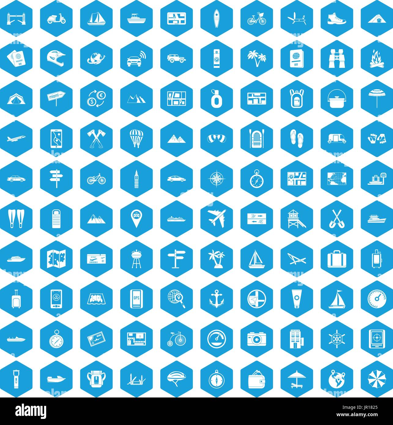 100 travel icons set blue Stock Vector