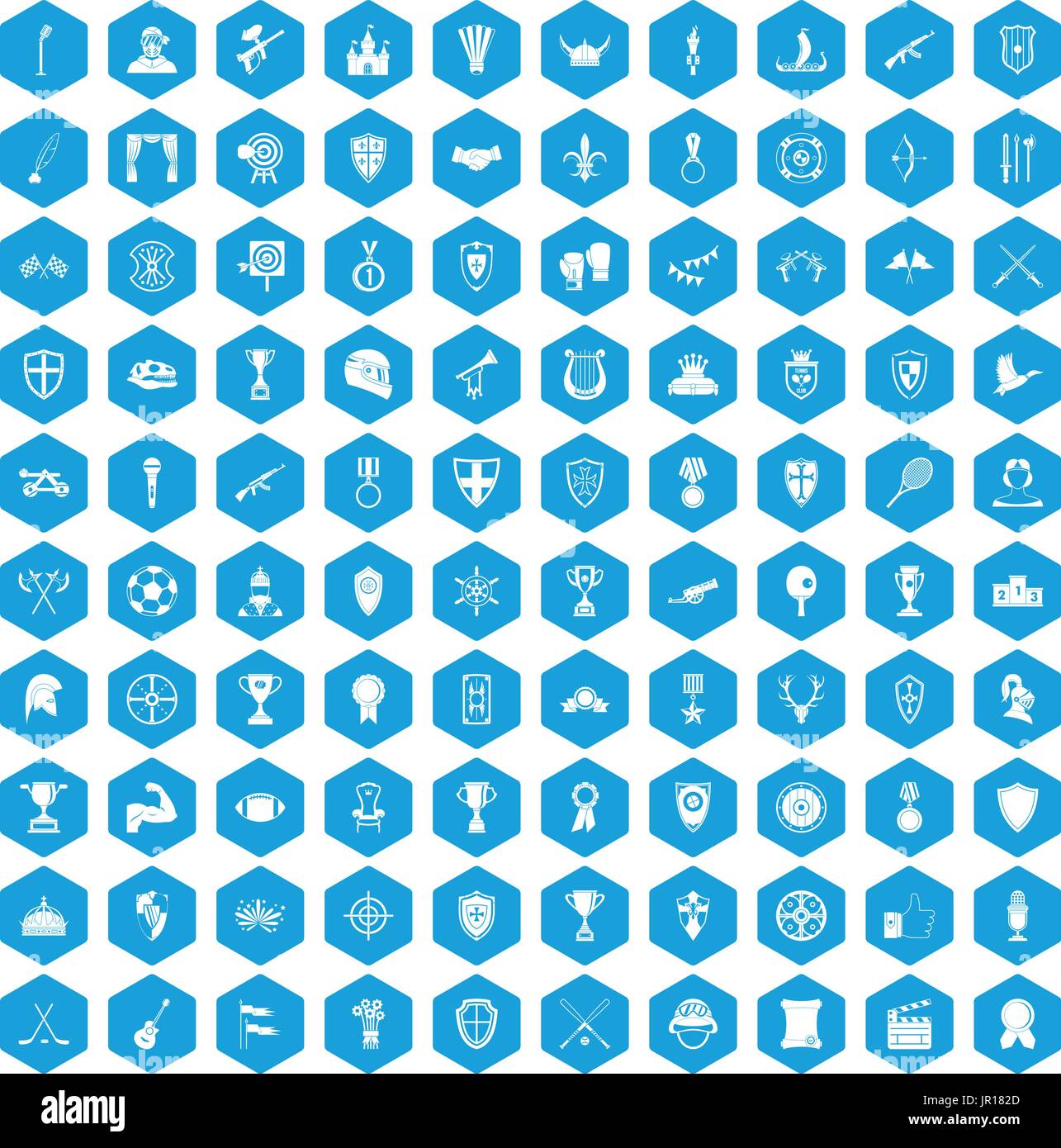 100 trophy and awards icons set blue Stock Vector