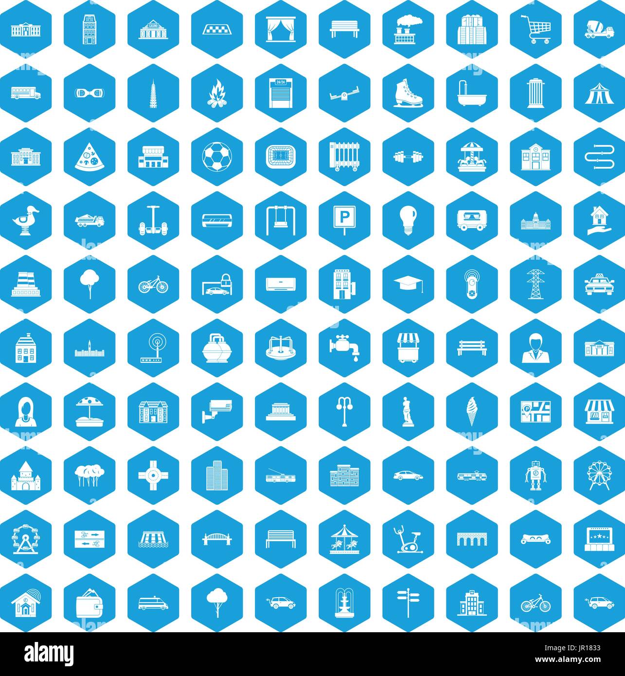 100 urban icons set blue Stock Vector