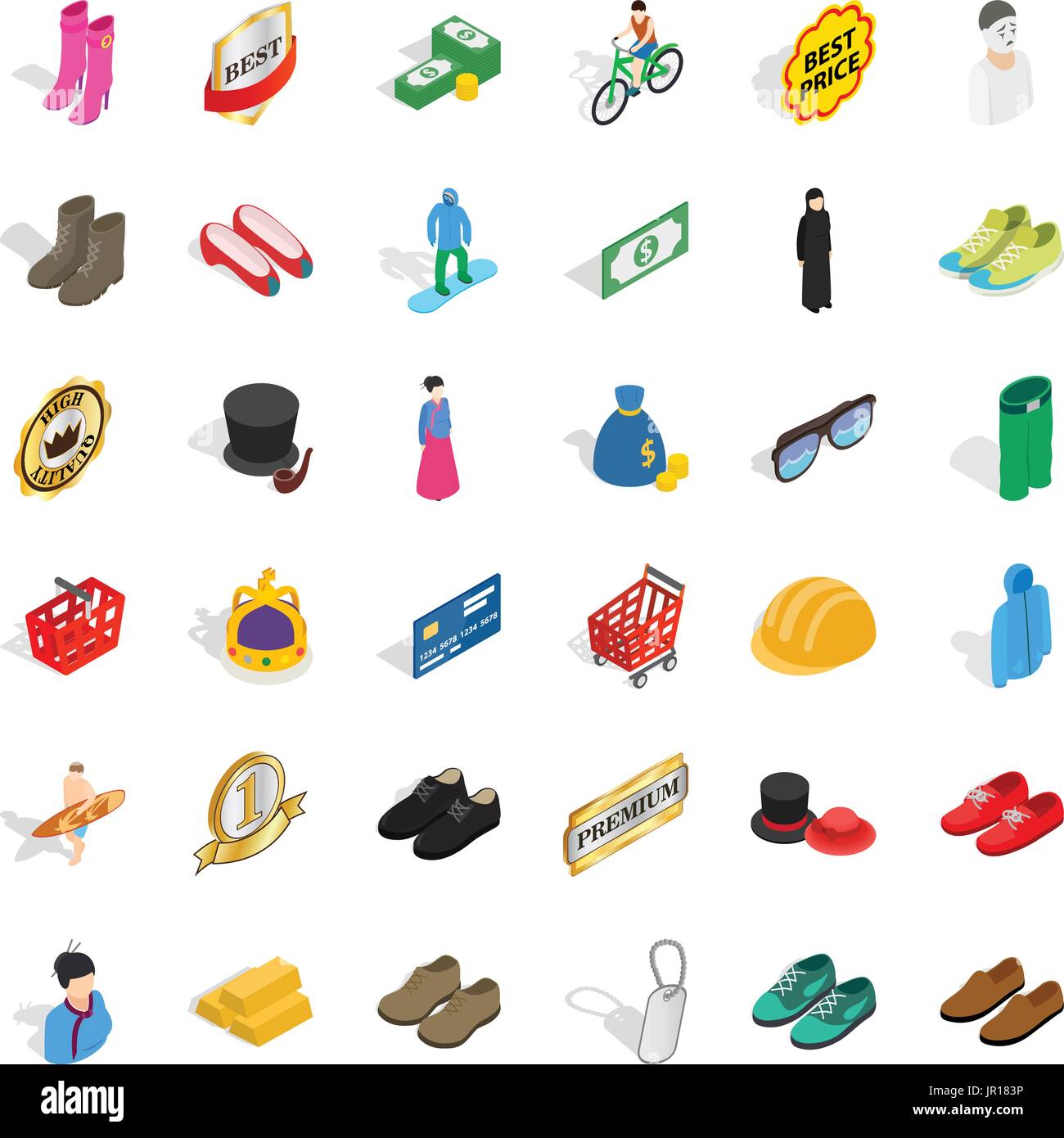 Stylish clothes icons set, isometric style Stock Vector