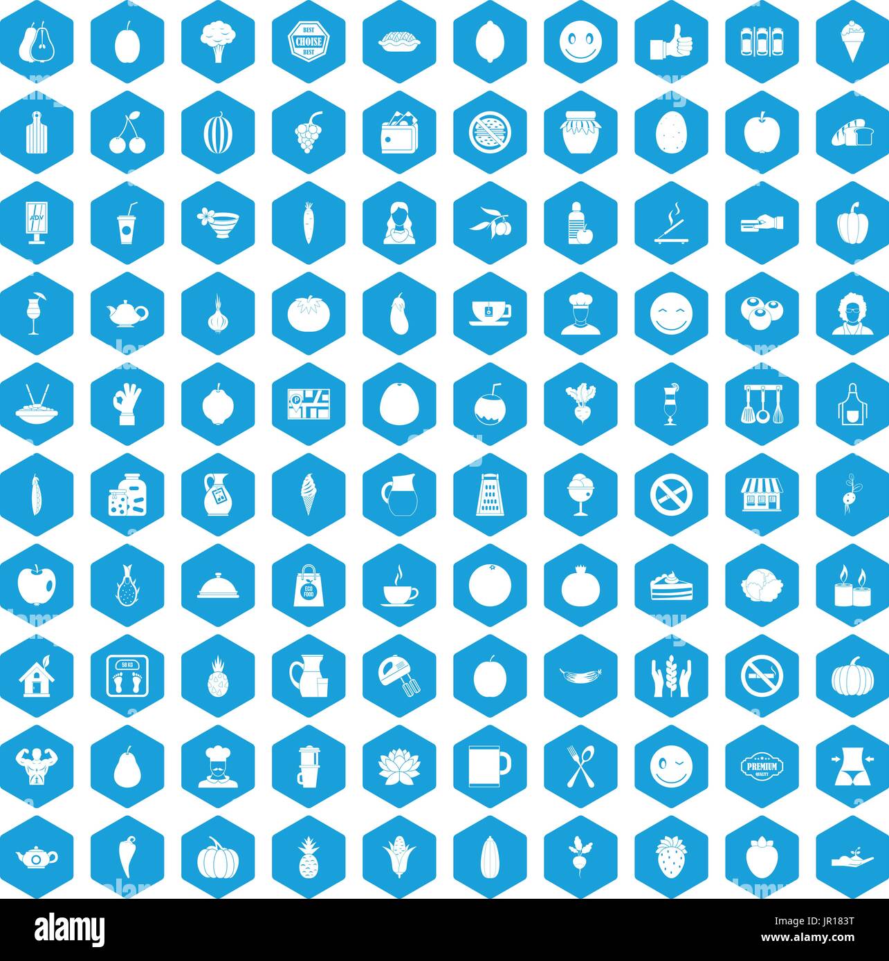 100 vegetarian cafe icons set blue Stock Vector