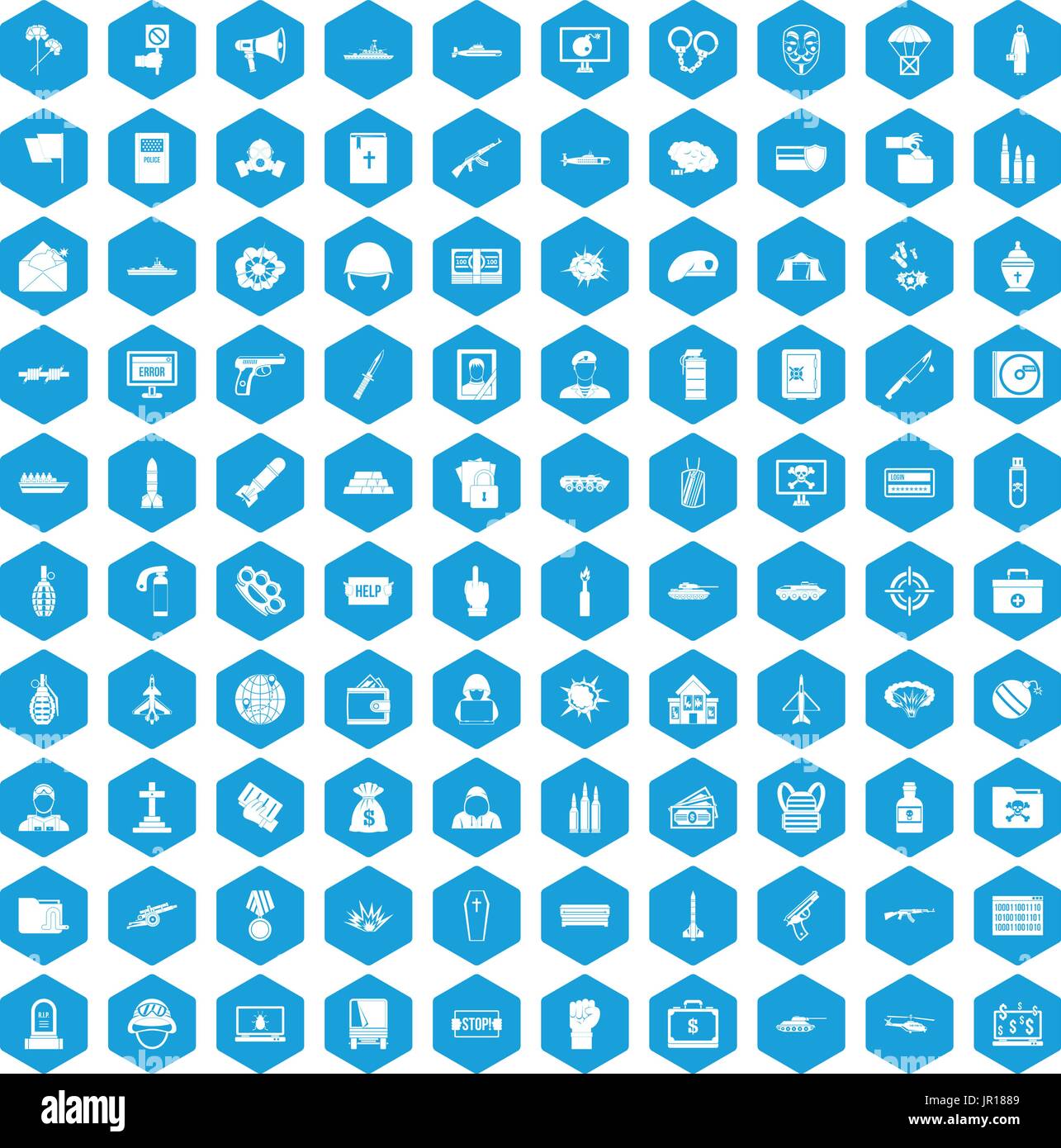 100 war icons set blue Stock Vector