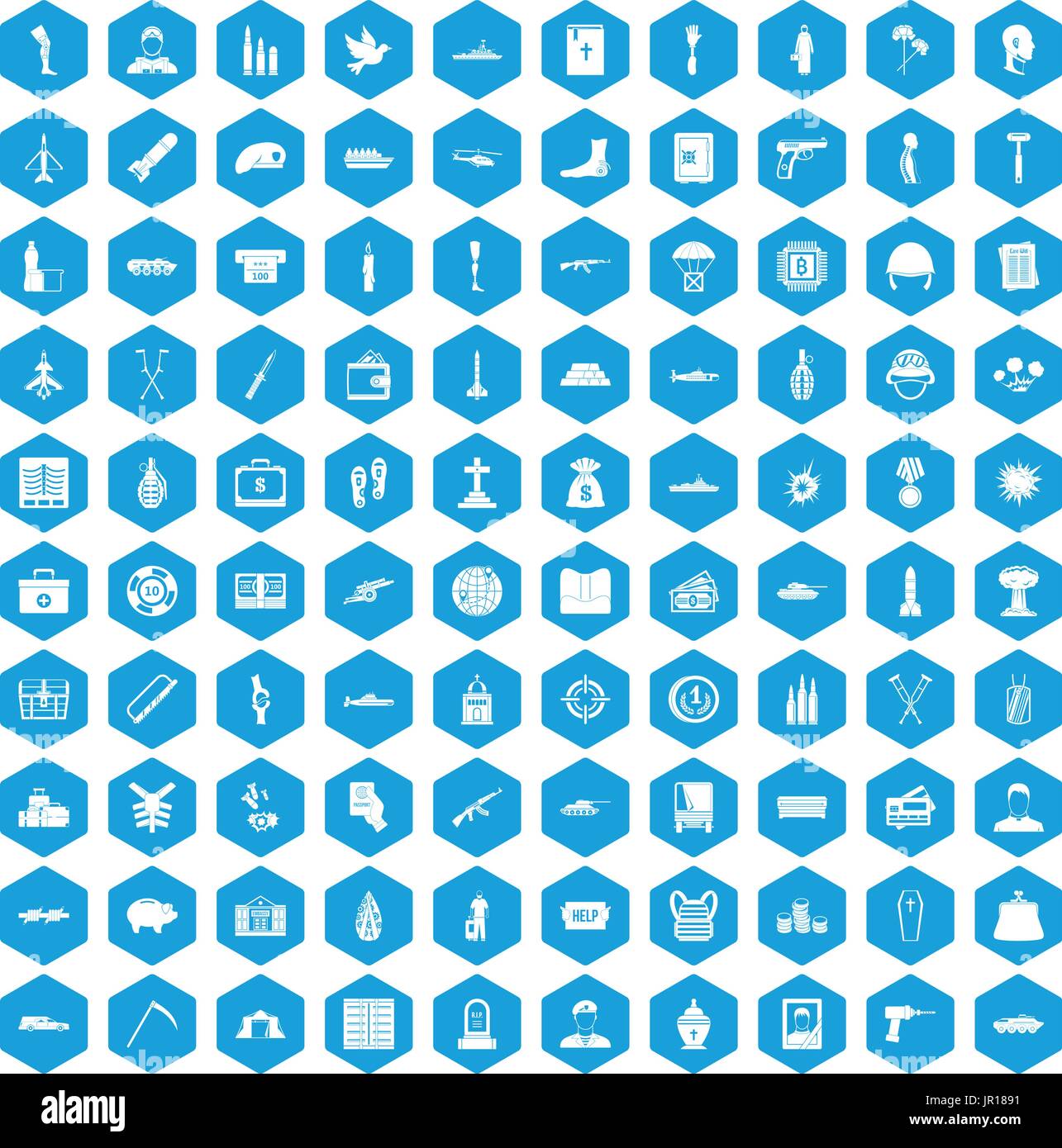 100 war crimes icons set blue Stock Vector