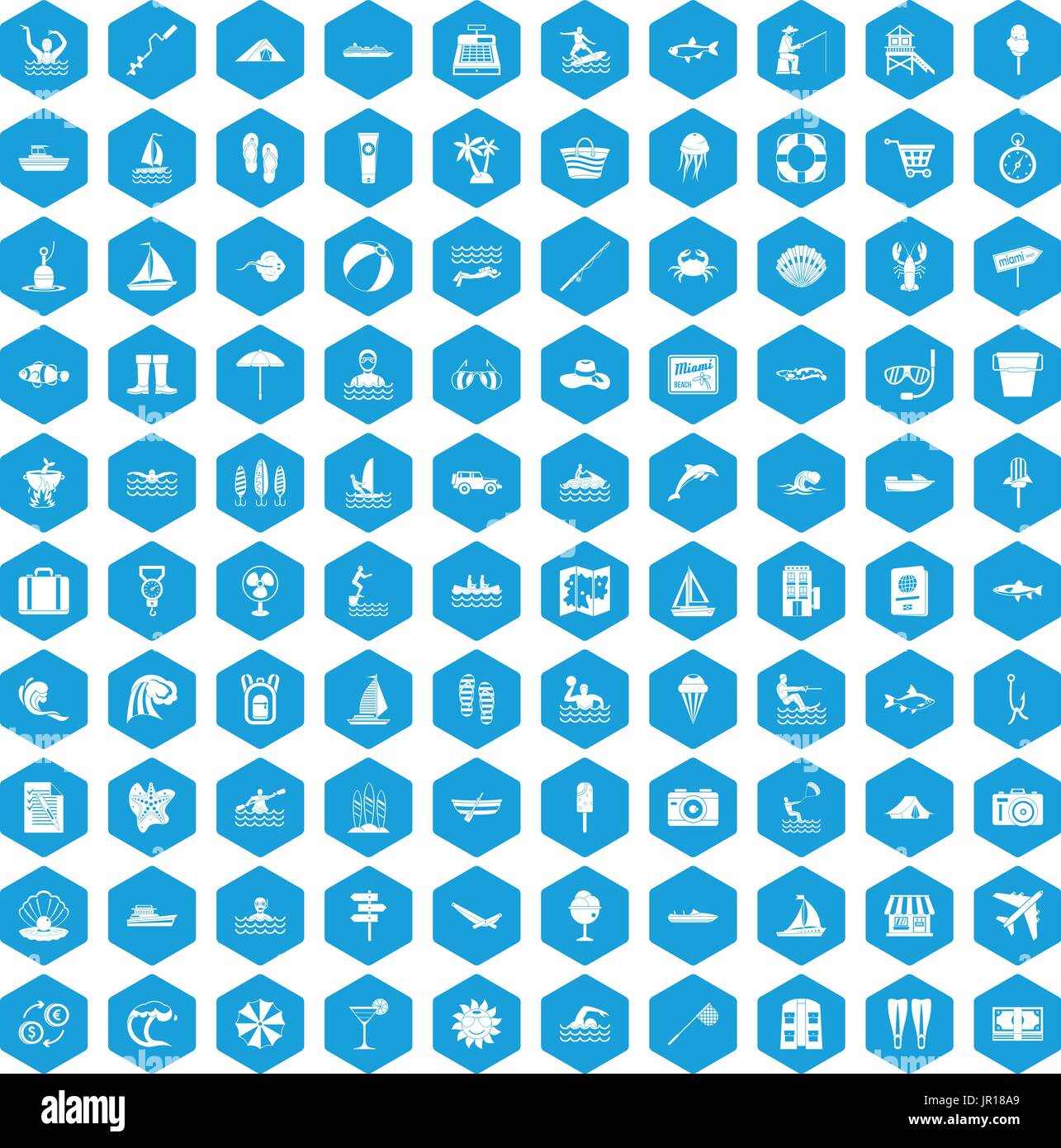 100 water recreation icons set blue Stock Vector