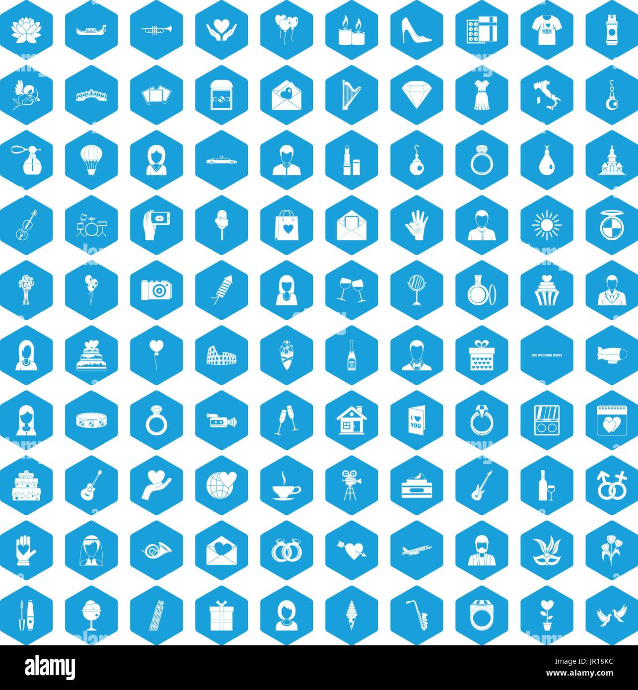 100 wedding icons set blue Stock Vector