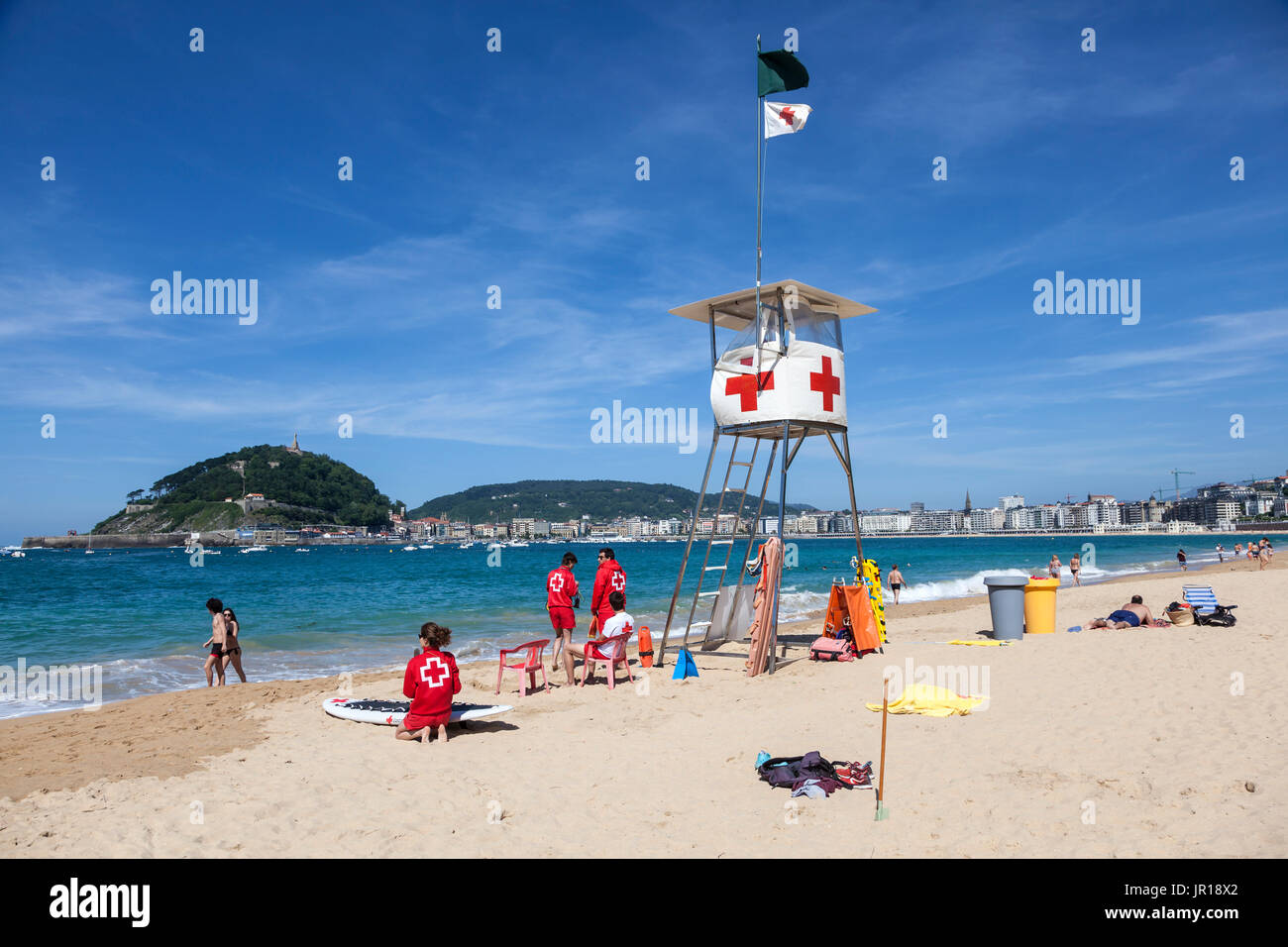 San Sebastian, Spain - June 7, 2017: Lifeguard tower at the La Concha beach in the city of San Sebastian. Basque country, Spain Stock Photo