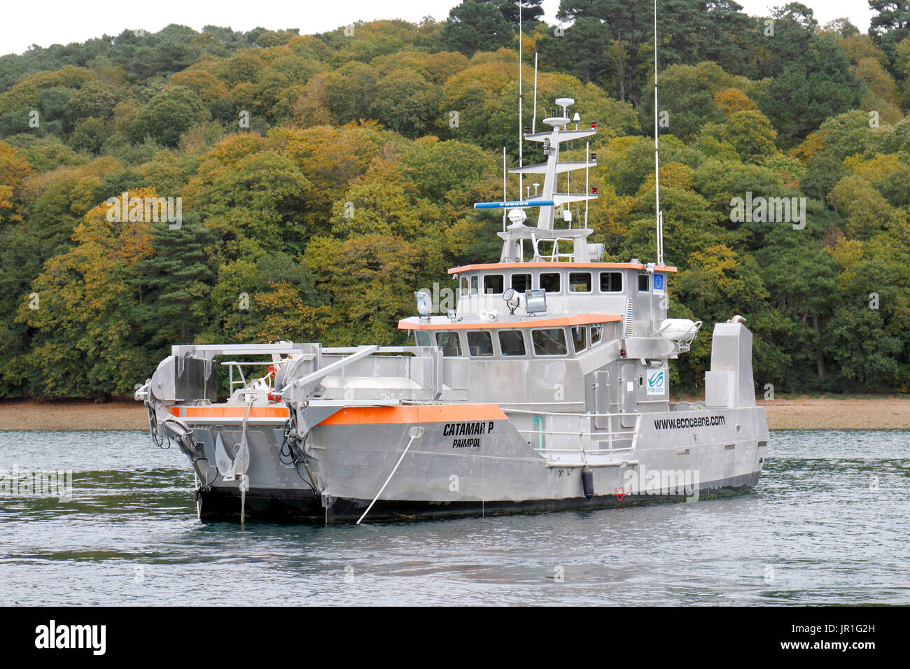 the 'Catamar', oil recovery boat able to collect 100 cubic meters of hydrocarbon an hour, waiting in Lezardieux port, Brittany, France Stock Photo