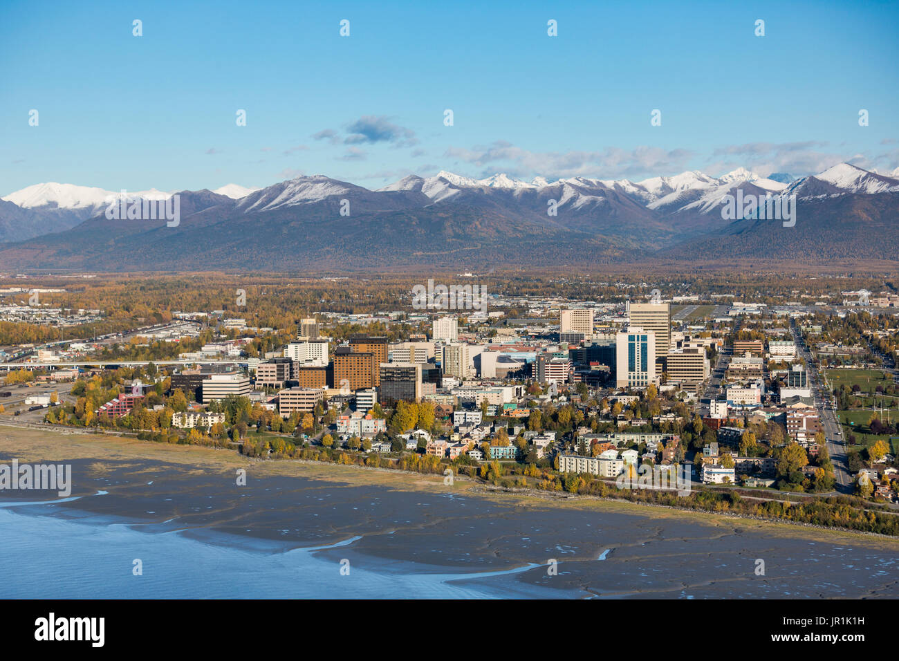 Aerial View Of Downtown Anchorage, The Chugach Mountains And Cook Inlet ...
