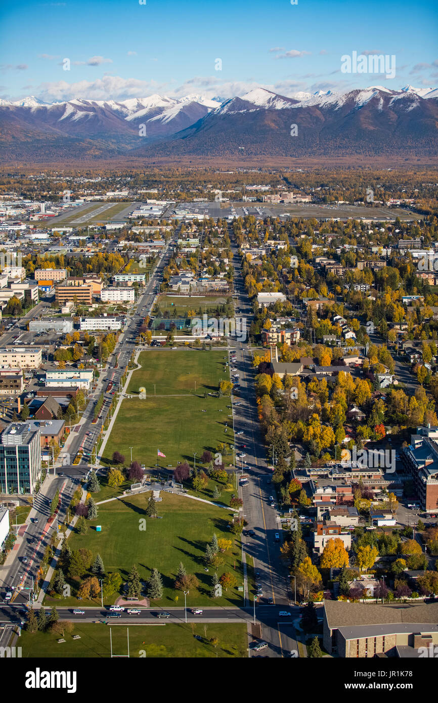 Aerial View Of The Delaney Park Strip In Autumn Near Downtown Anchorage