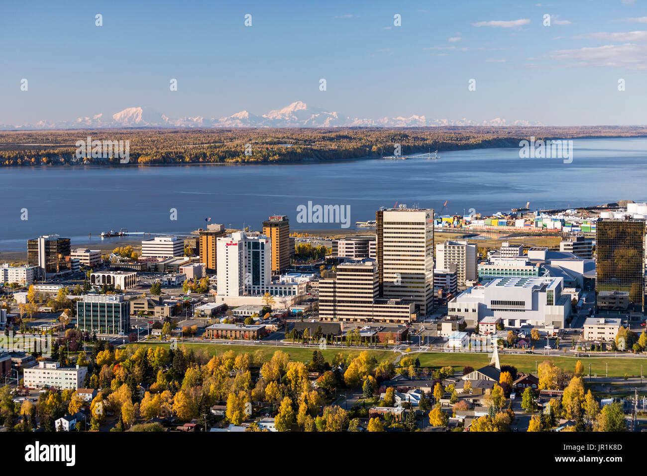 Aerial View Of Downtown Anchorage, Denali And The Alaska Range, And