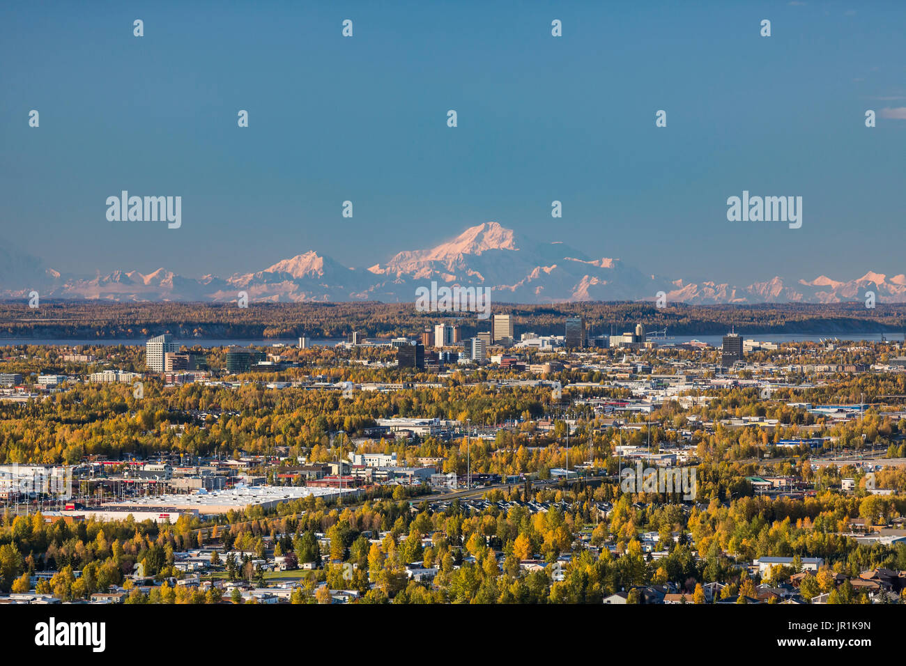 Aerial View Of The Anchorage Bowl Downtown Anchorage And Denali In   Aerial View Of The Anchorage Bowl Downtown Anchorage And Denali In JR1K9N 