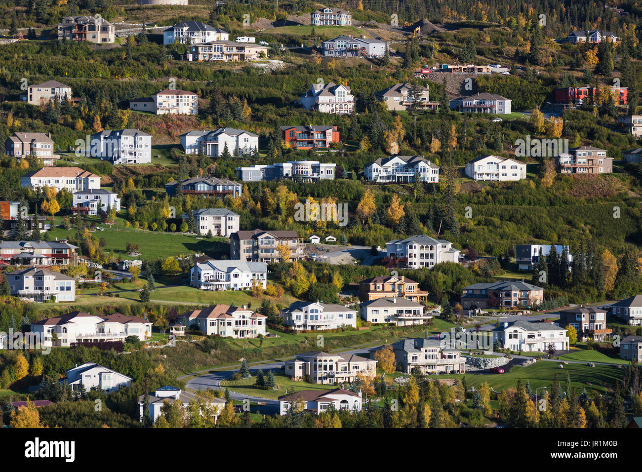 Aerial View Of Large Homes On The Anchorage Hillside In Autumn, Southcentral Alaska, USA Stock