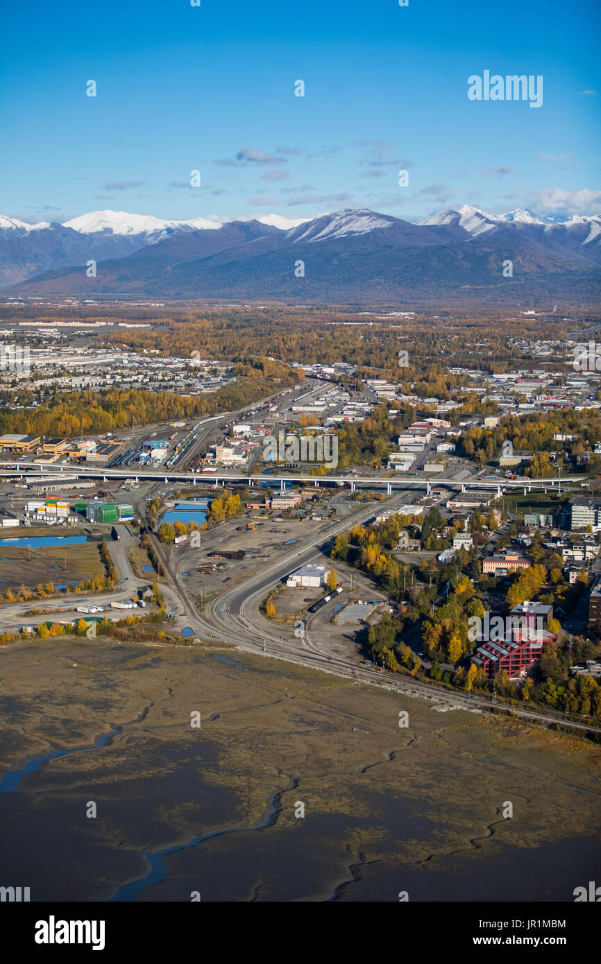 Aerial View Of The Bridge Over Ship Creek And Downtown Anchorage