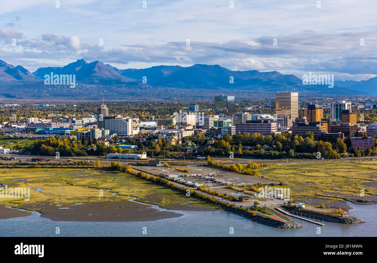 Aerial View Of Downtown Anchorage Mudflats Of Cook Inlet And Chugach