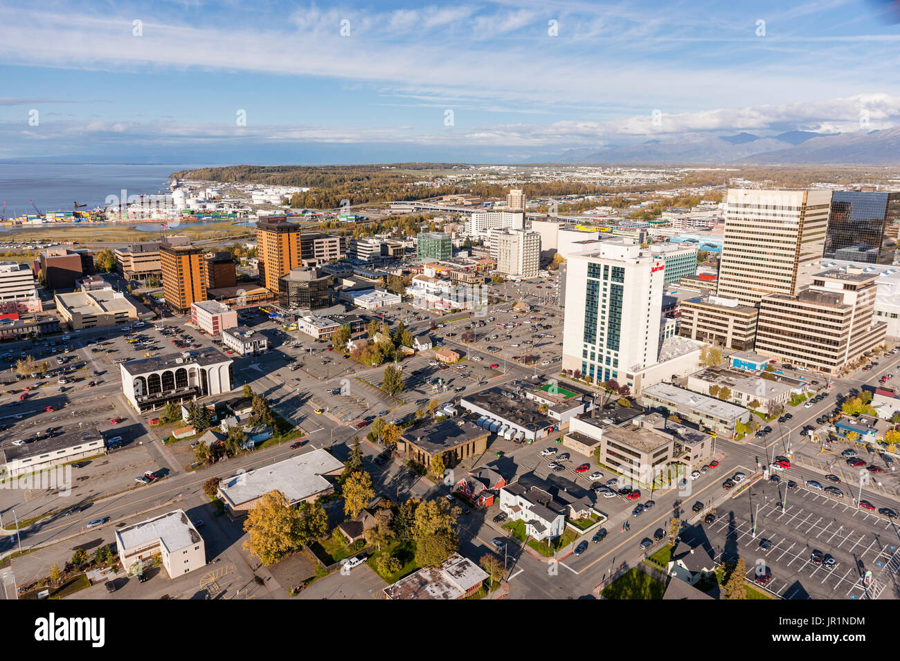 Aerial View Of Downtown Anchorage With Cook Inlet In The Background, Southcentral Alaska, USA Stock Photo
