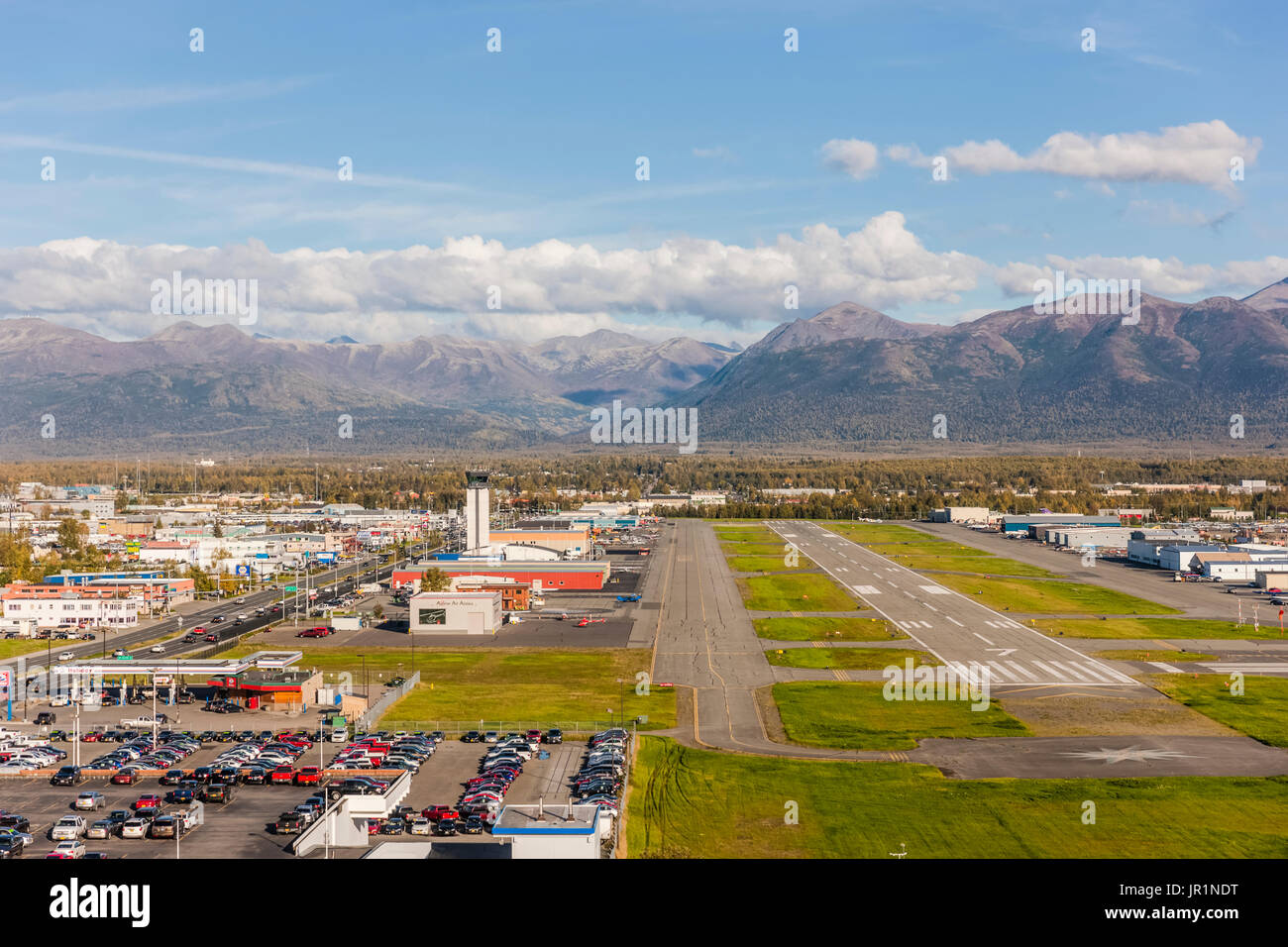 Aerial View Of The Merrill Field Airstrip With The Chugach Mountains In The Background, Southcentral Alaska, USA Stock Photo