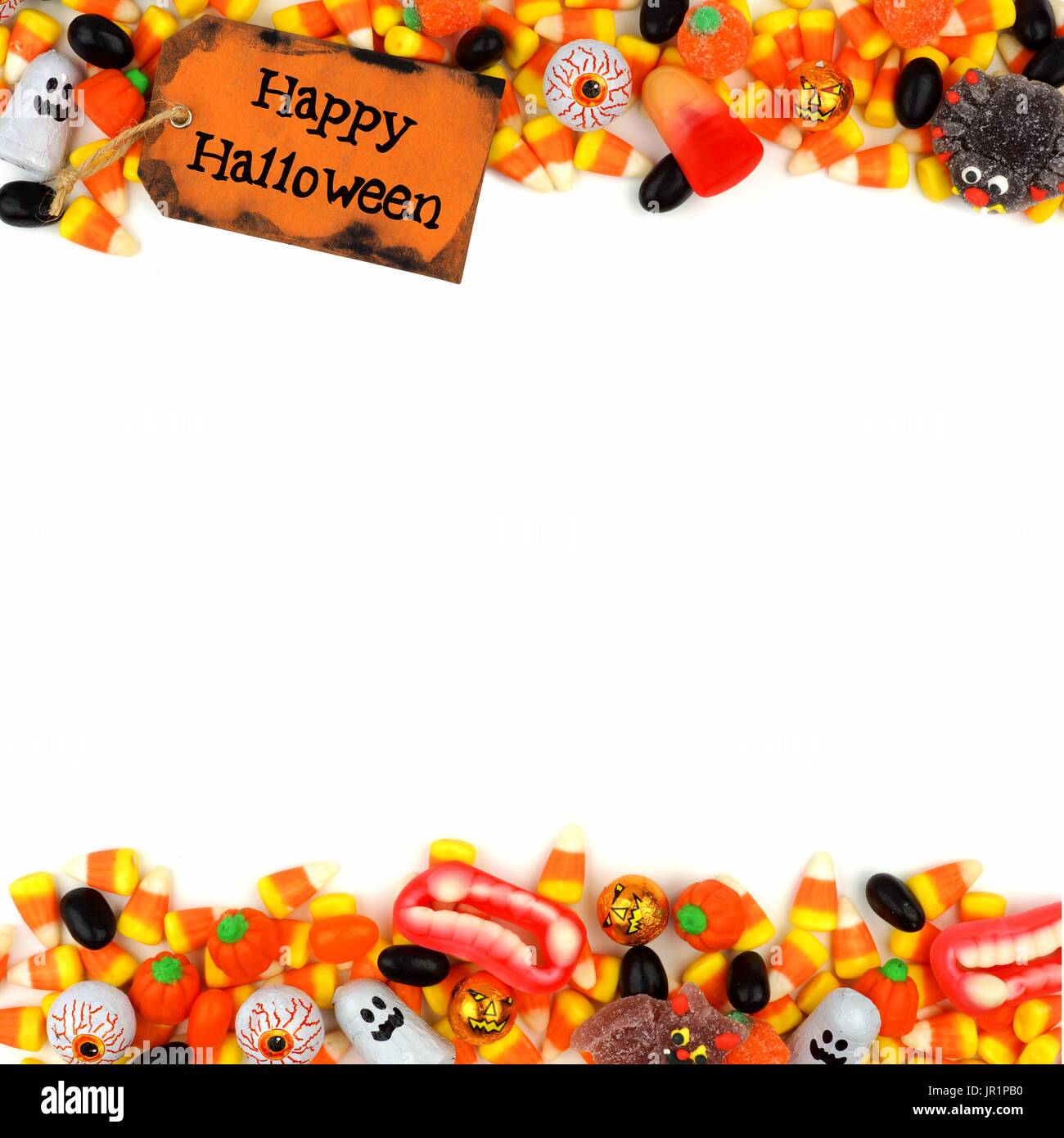 Happy Halloween tag with candy double border over a white background Stock  Photo - Alamy