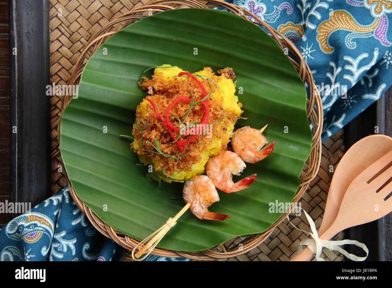 Ketan Serundeng Udang. Turmeric Sticky Rice with Roasted Coconut and