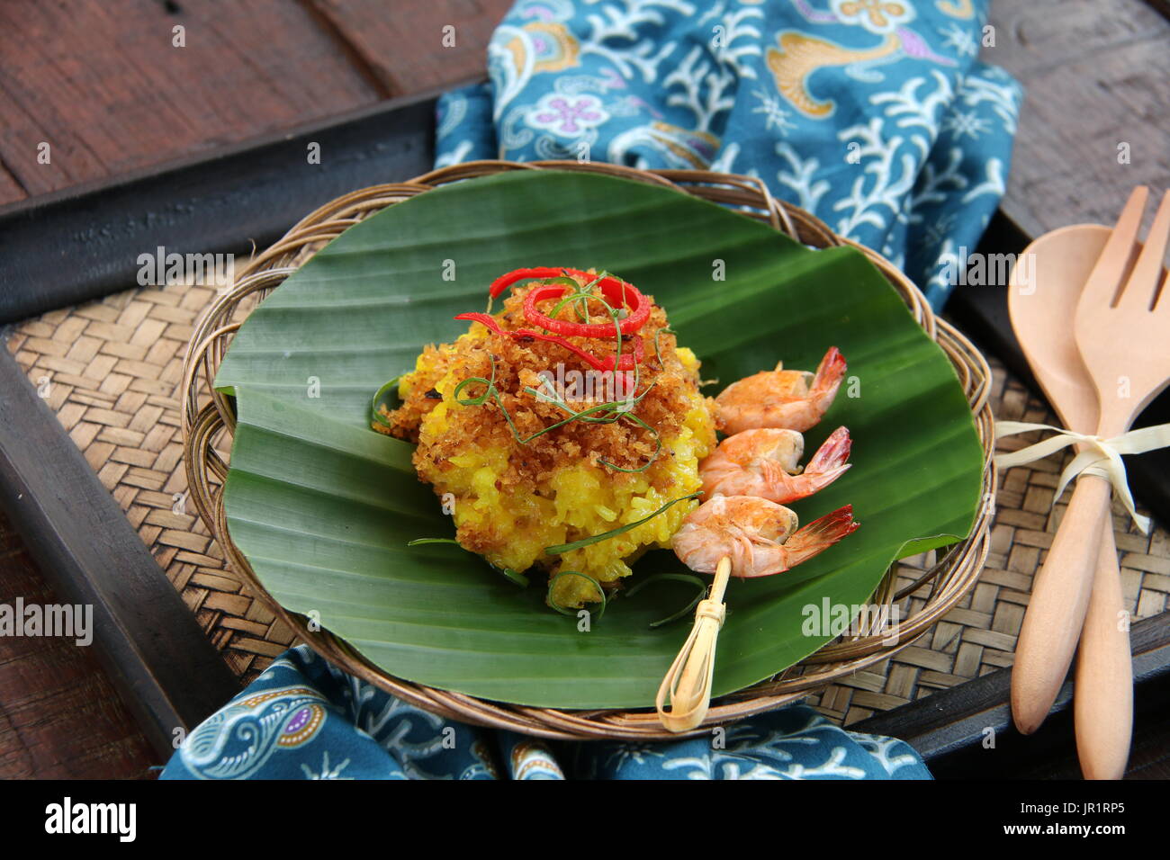 Ketan Serundeng Udang. Turmeric Sticky Rice with Roasted Coconut and