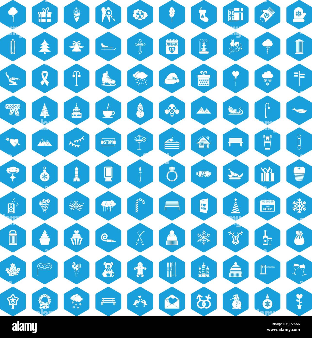 100 winter holidays icons set blue Stock Vector