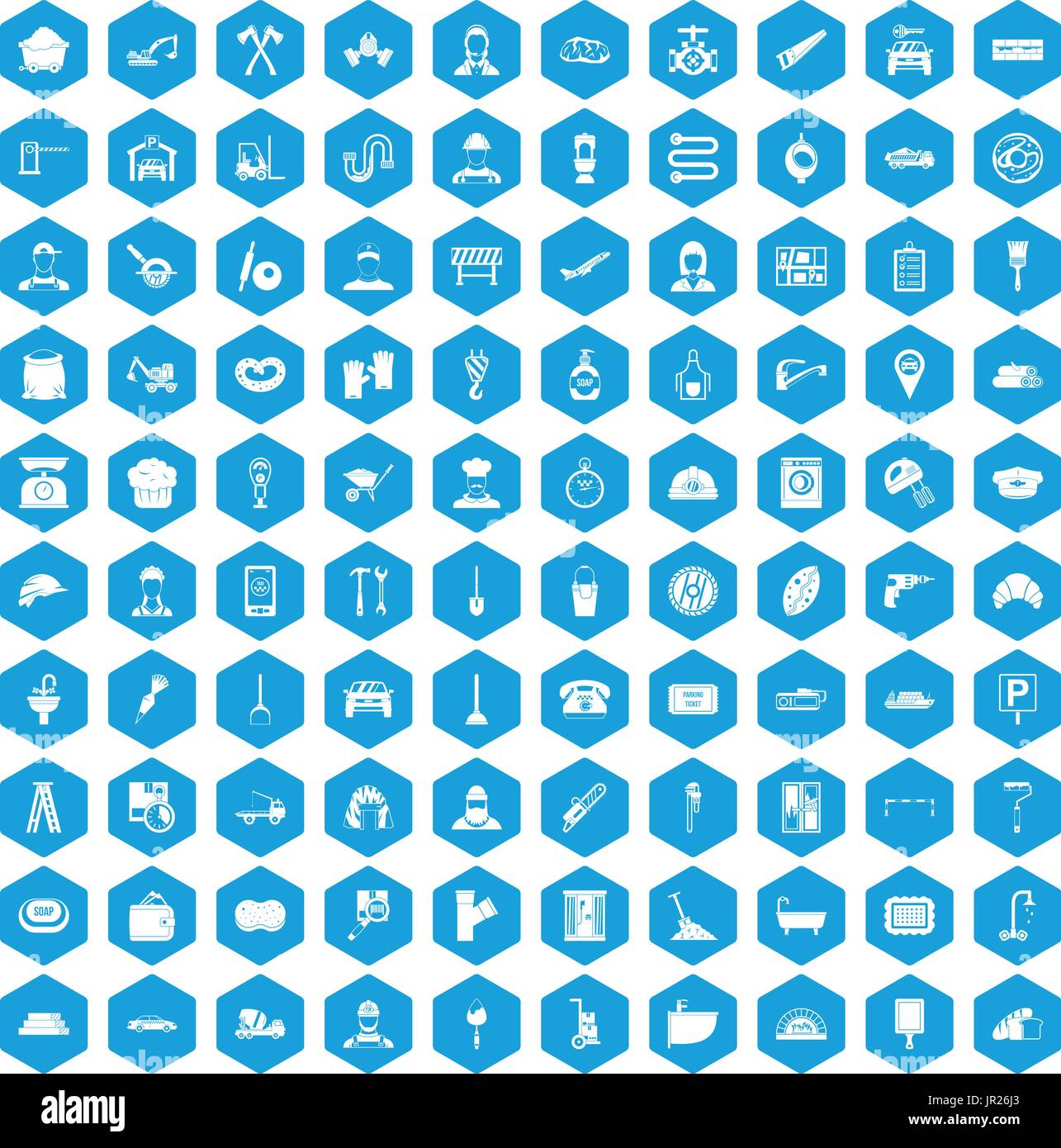 100 working professions icons set blue Stock Vector