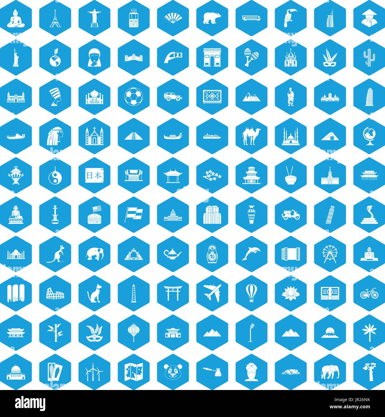 100 world tour icons set blue Stock Vector