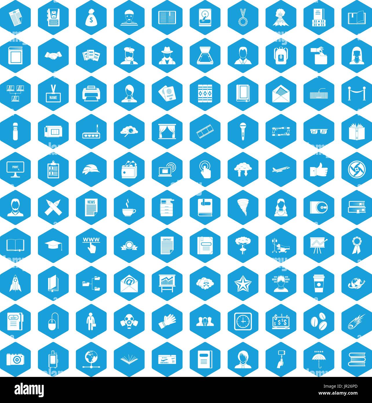 100 writer icons set blue Stock Vector